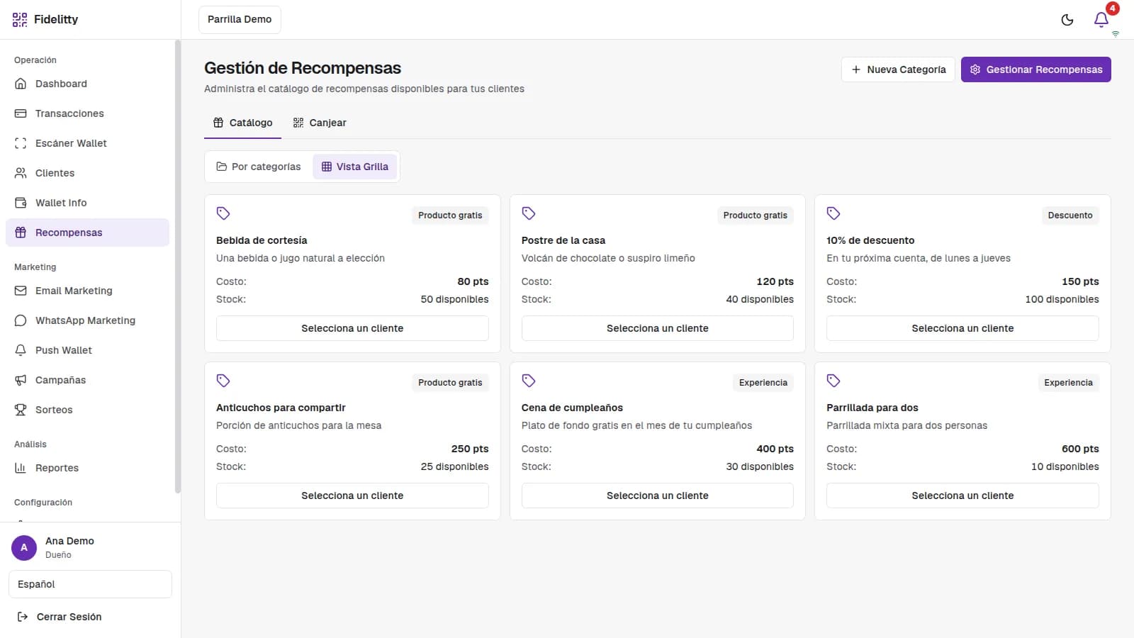 Gestión de recompensas de Fidelitty: seis premios con su costo en puntos, las unidades disponibles y un botón para seleccionar al cliente que lo canjea.