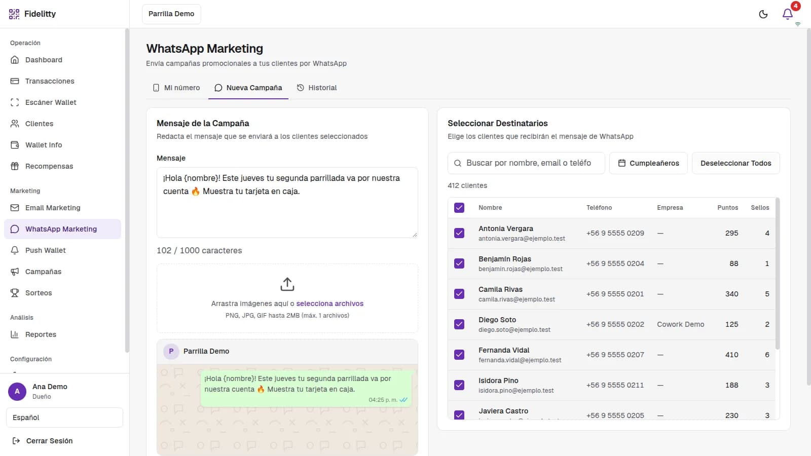 Editor de campañas de WhatsApp de Fidelitty con el mensaje, la vista previa del chat y la lista de clientes que recibirán el envío.