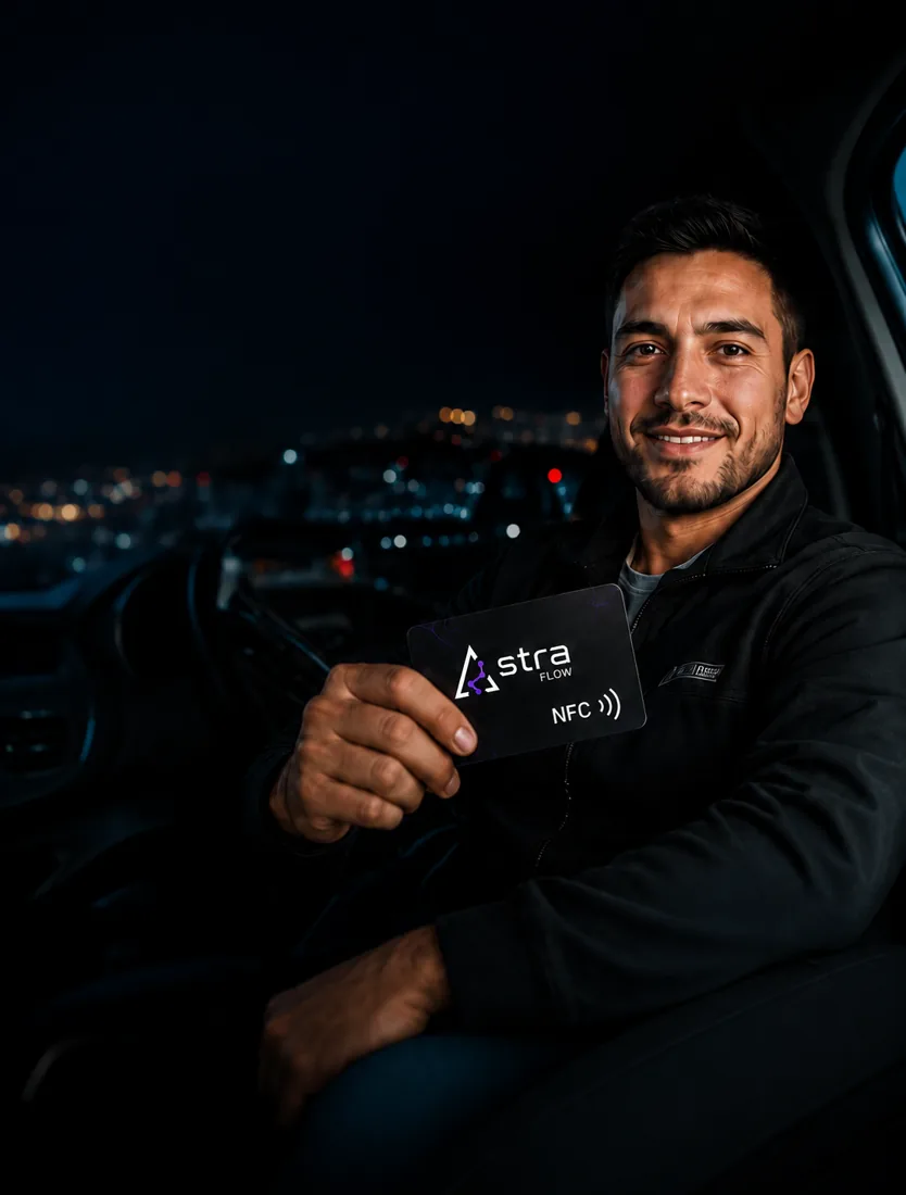 Tarjeta NFC de Astra Flow en la mano